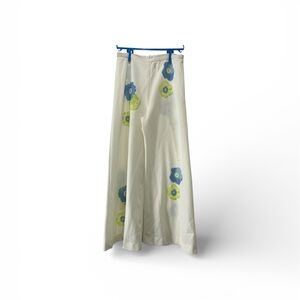 Vintage Dylan Extreme Bell Bottom Pants White Blue Flowers Polyester 60’s Hippy